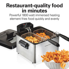 Hamilton Beach deep fryer three baskets enabling multitasking fried foods.