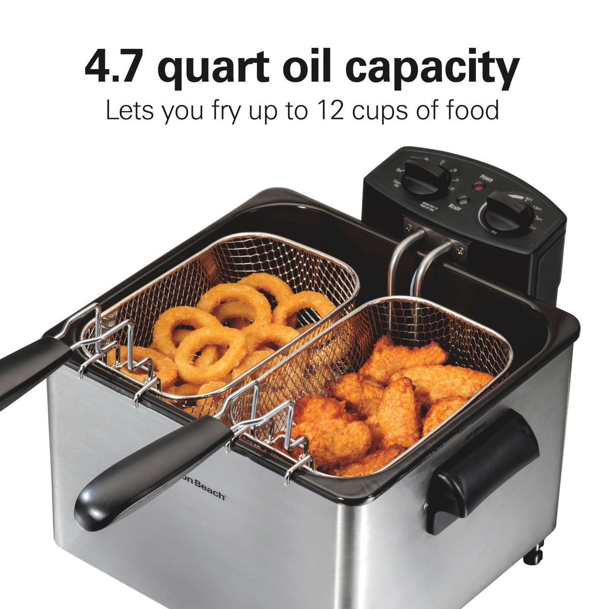 Hamilton Beach deep fryer with two baskets enables cooking two foods at once.