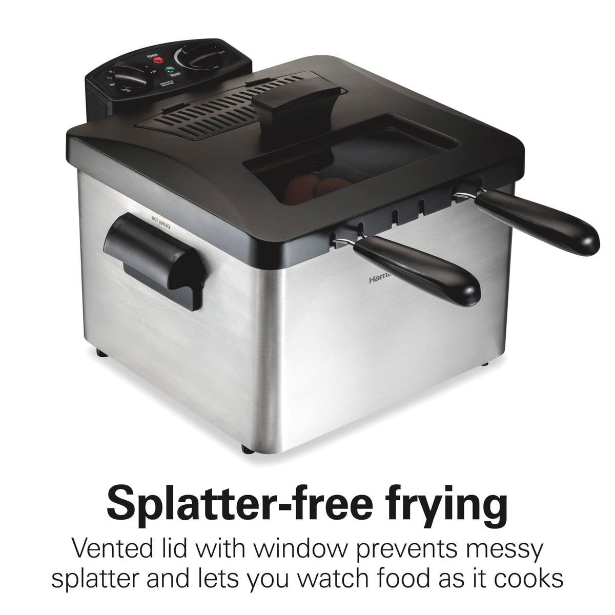 Hamilton Beach deep fryer vented lid and view window for splatter-free cooking.