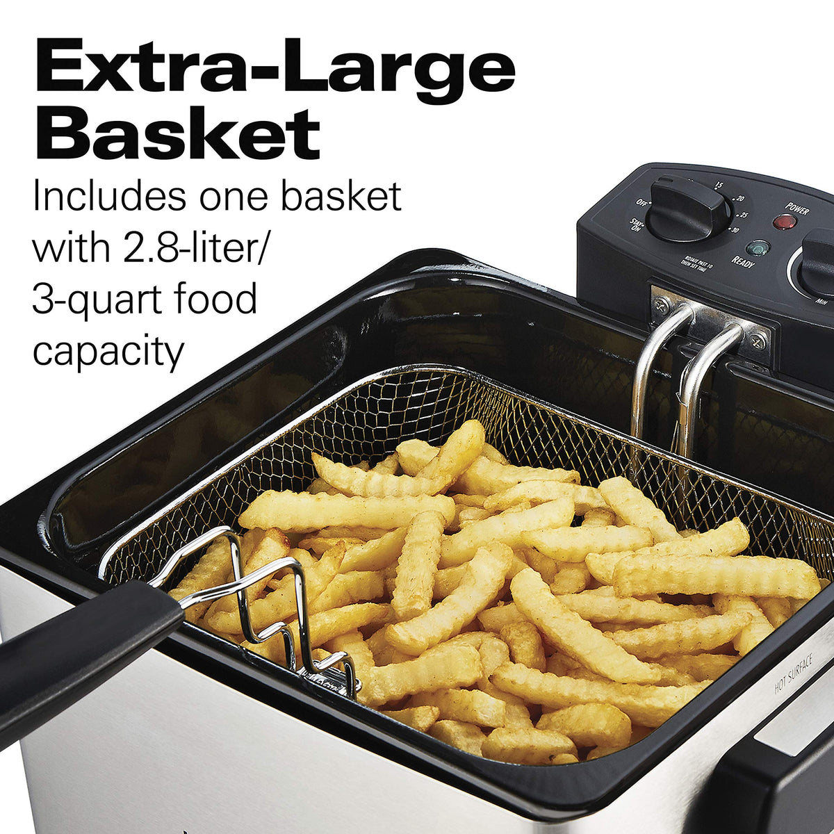 Hamilton Beach deep fryer vented lid reduces splatter during frying.