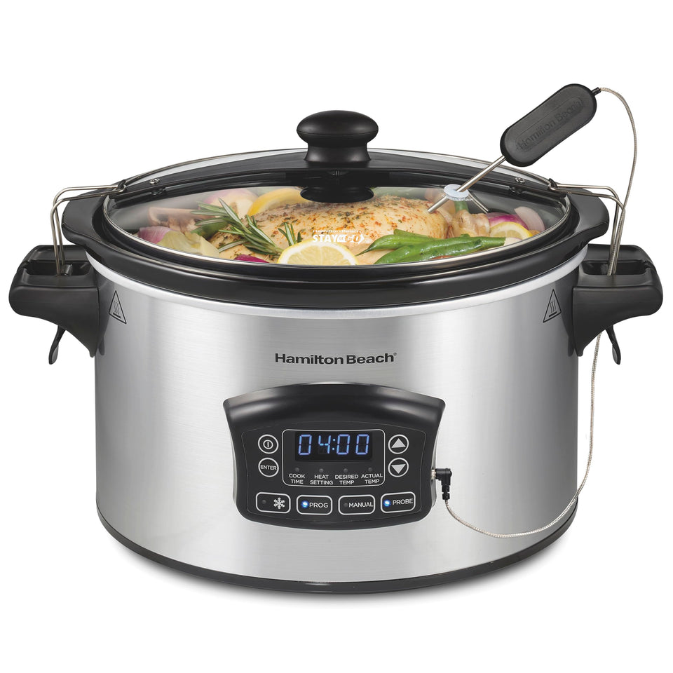 Hamilton Beach defrost slow cooker defrost feature in action for safe thawing and cooking.