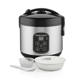 Hamilton Beach digital programmable rice cooker with steam basket for quick one-pot meals.