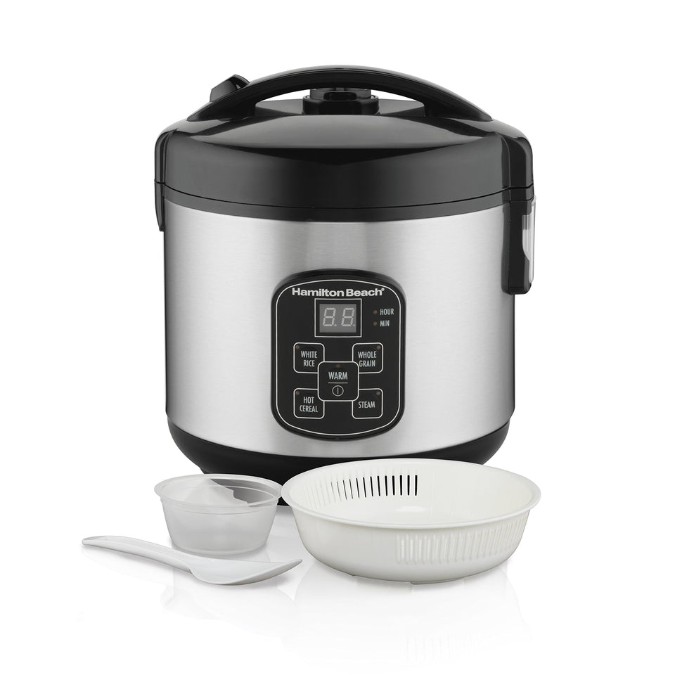 Hamilton Beach digital programmable rice cooker with steam basket for quick one-pot meals.