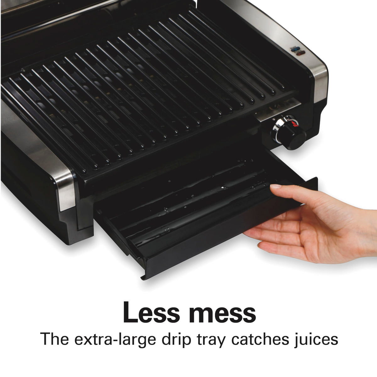 Hamilton Beach dishwasher-safe grill plate, lid, and drip tray simplify cleanup.