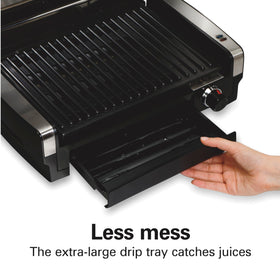 Hamilton Beach dishwasher-safe grill plate, lid, and drip tray simplify cleanup.