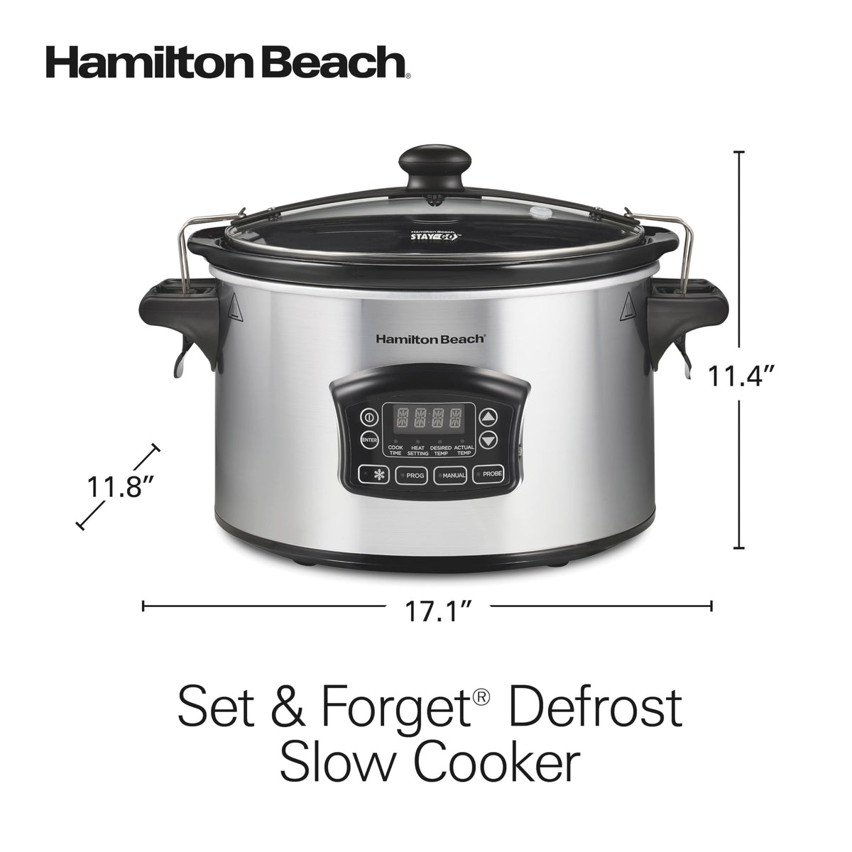 Hamilton Beach dishwasher-safe crock and lid for easy cleanup.