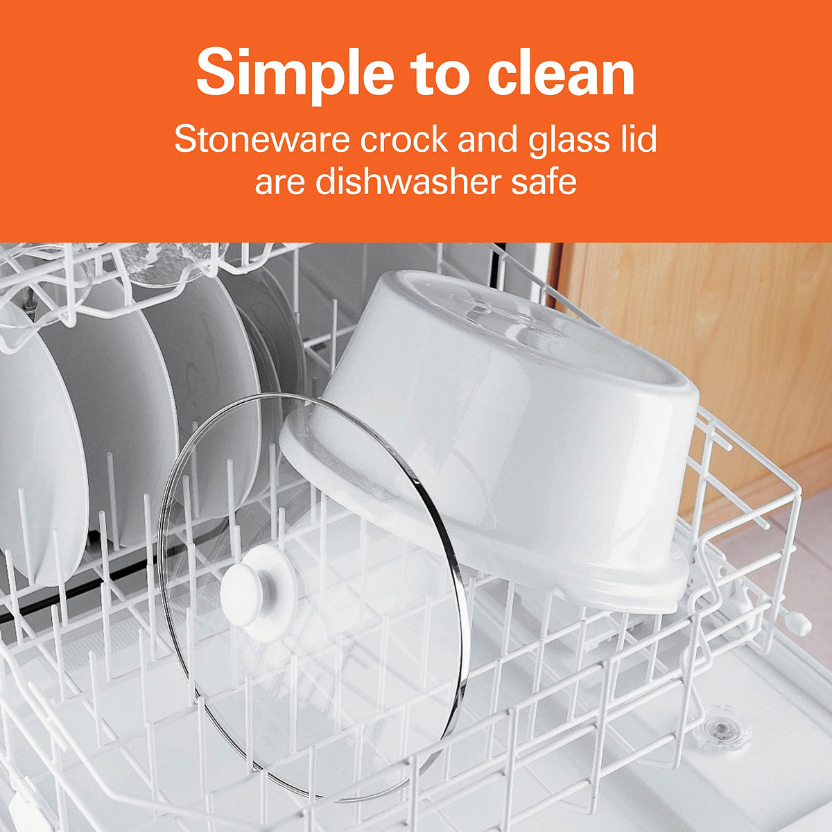Hamilton Beach dishwasher-safe crock and lid for easy cleanup.