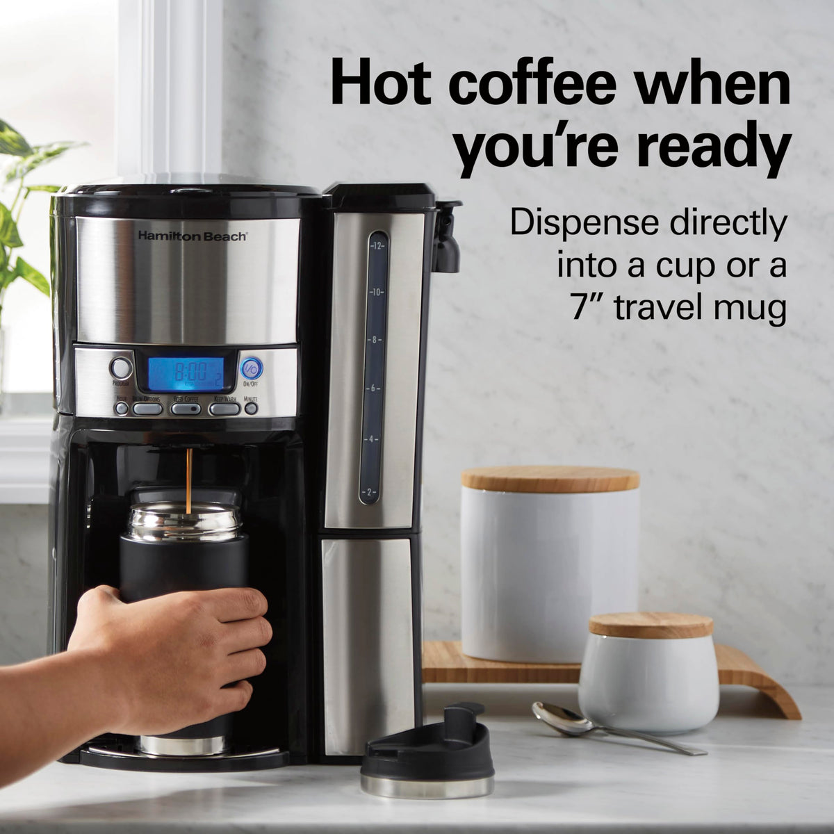 Dispensing bar on Hamilton Beach unit enables direct cup pours.