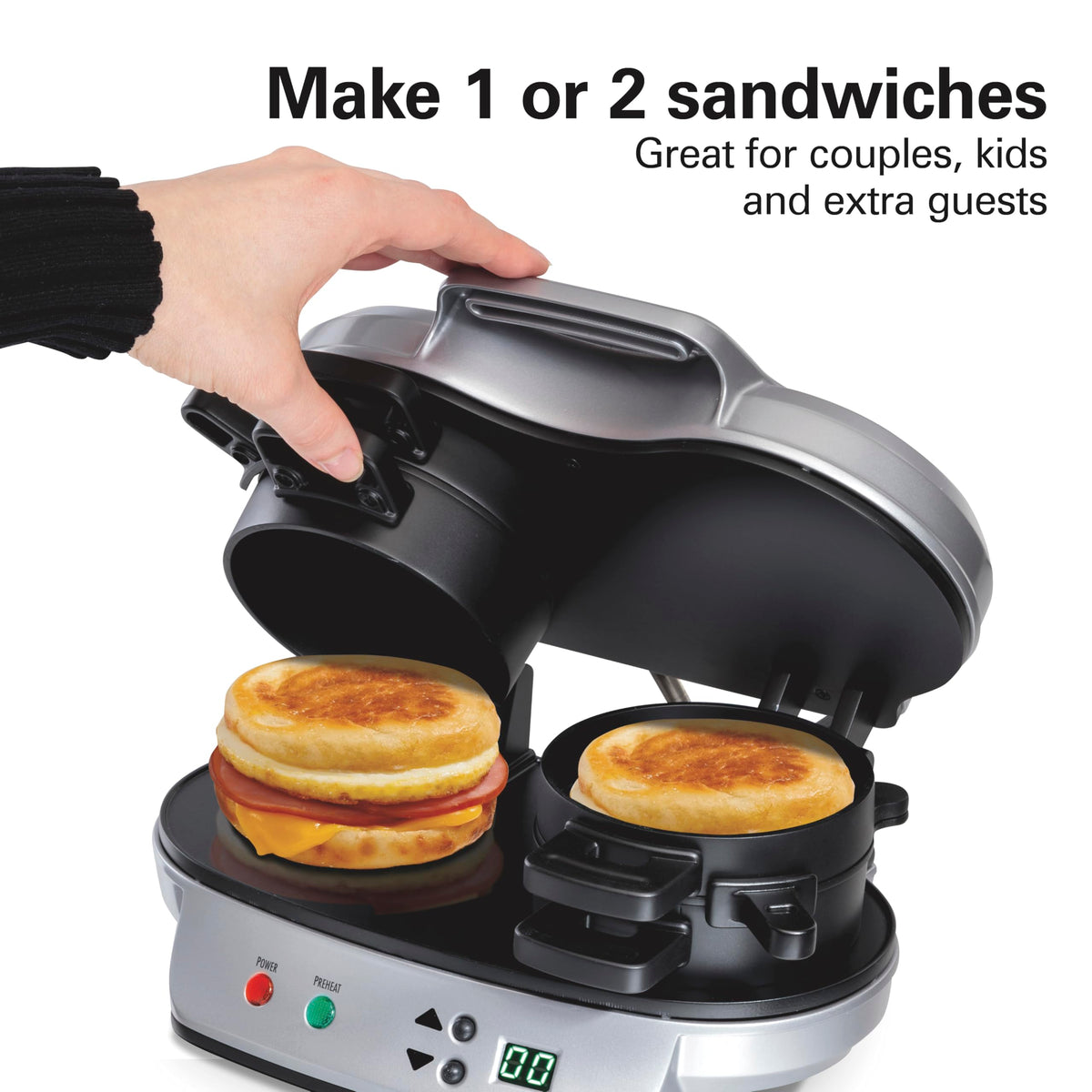 Hamilton Beach Dual Breakfast Sandwich Maker base assembly enables two sandwiches at once.
