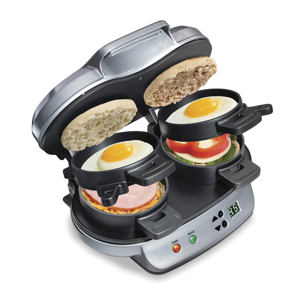 Hamilton Beach Dual Breakfast Sandwich Maker with lid closed for fast, customizable breakfasts.