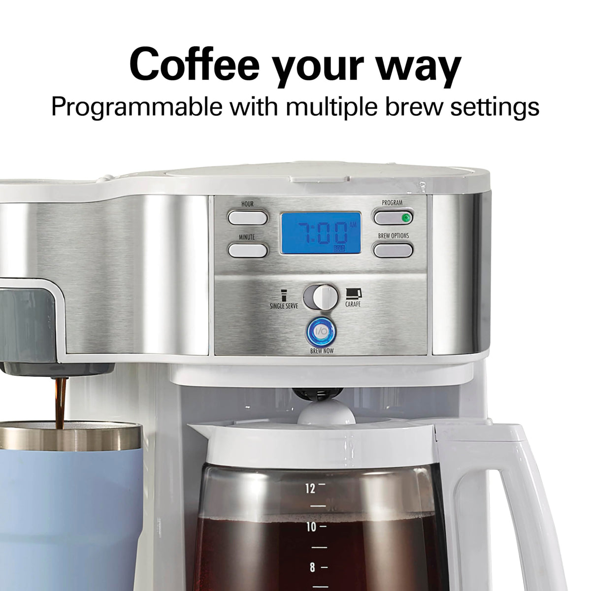 Hamilton Beach dual water reservoirs keep both sides ready for quick brews.