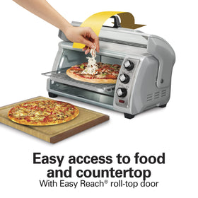 Hamilton Beach easy reach roll-top door open enables simple loading and quick meals.