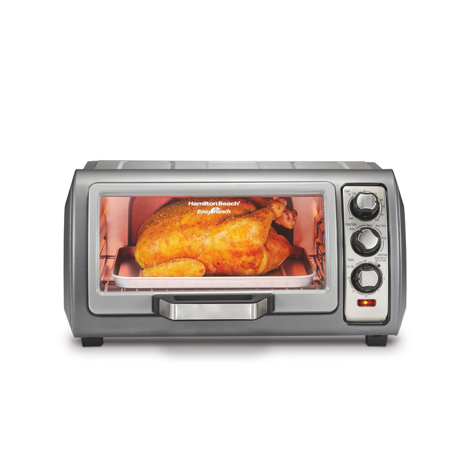 Hamilton Beach Easy Reach toaster oven with roll-top door open, demonstrating easy food access.