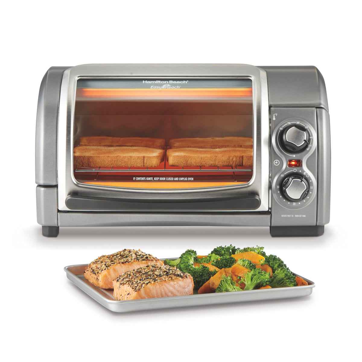 Hamilton Beach Easy Reach roll-top door open for effortless access to foods.