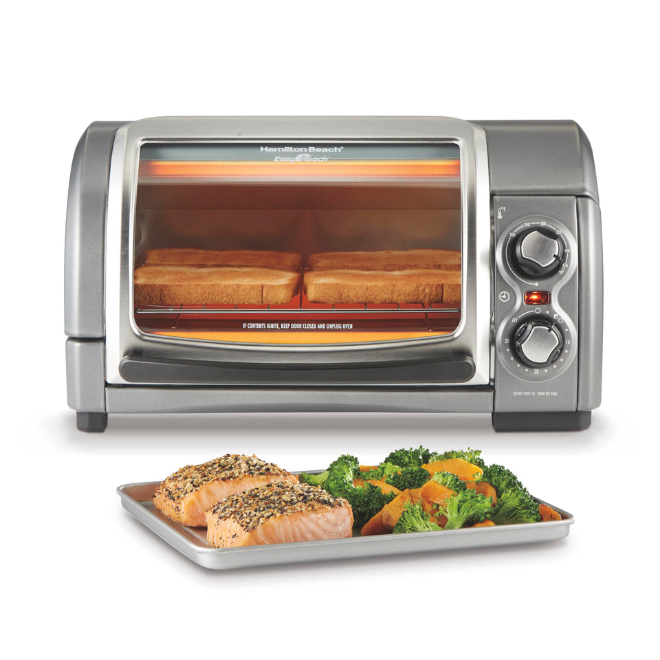 Hamilton Beach Easy Reach roll-top door open for effortless access to foods.