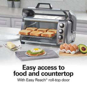 Hamilton Beach Easy Reach toaster oven roll-top door rolled up, freeing counter space.