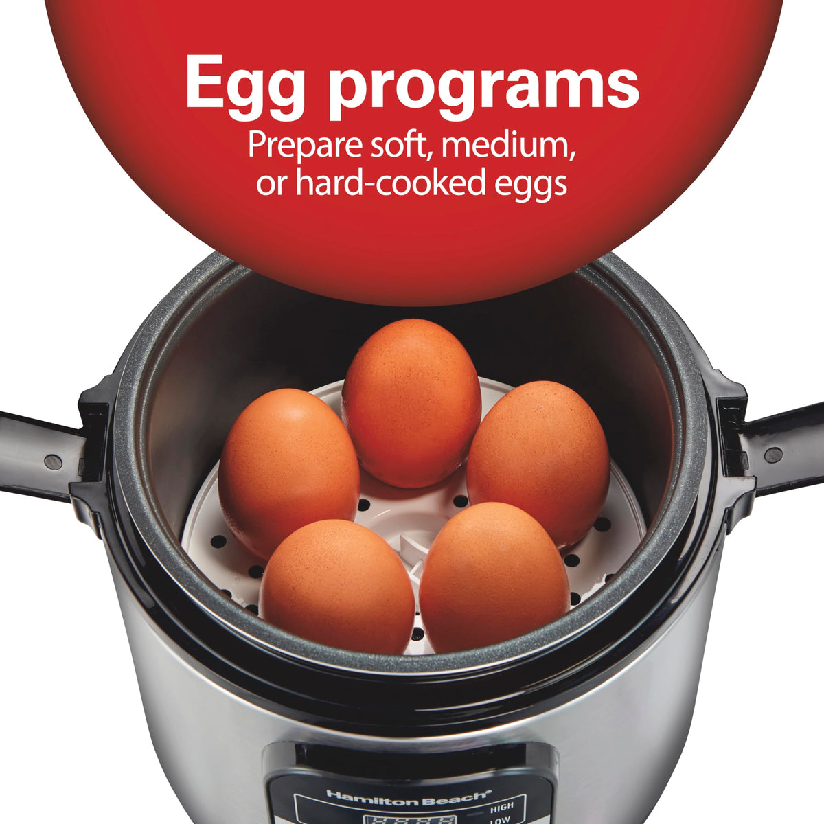 Hamilton Beach egg-cooker function setup in a compact cooker