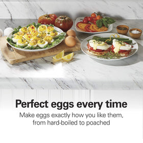 Hamilton Beach egg poacher mode cooks 1-2 eggs quickly for breakfast.