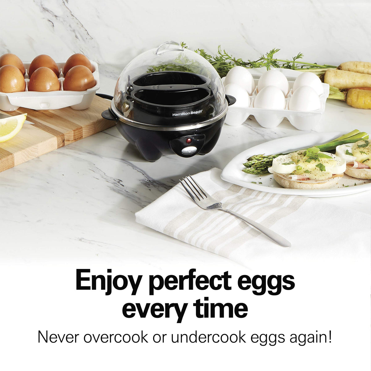 Hamilton Beach egg poacher function cooks 1–2 eggs quickly.