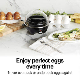 Hamilton Beach egg poacher function cooks 1–2 eggs quickly.