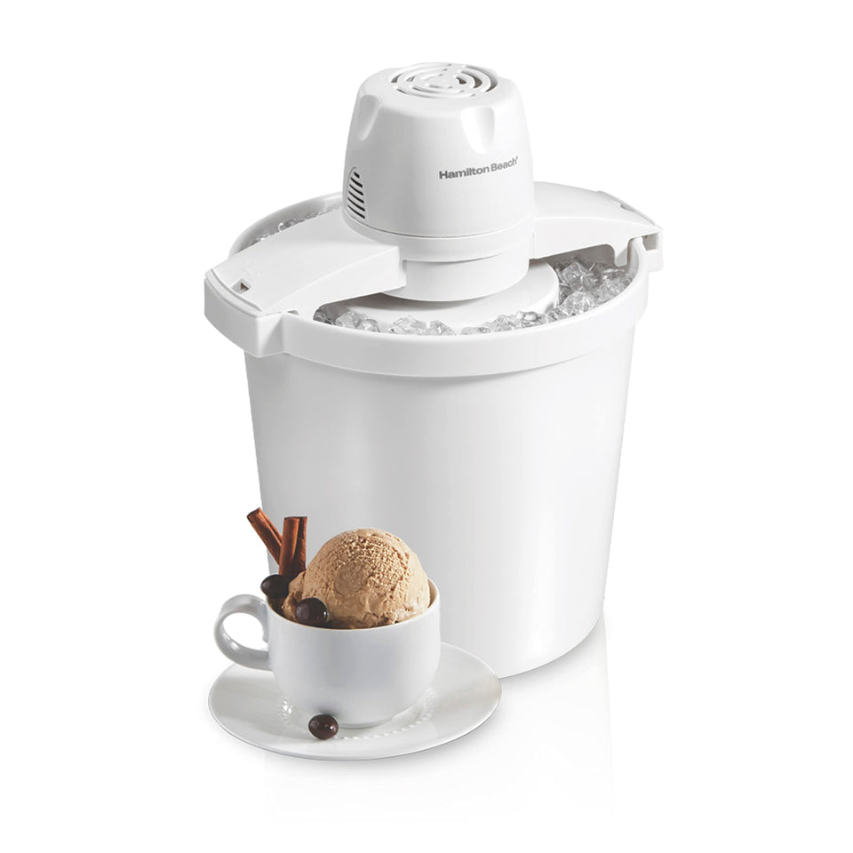 Hamilton Beach electric automatic ice cream maker in white, 4-quart capacity for family desserts.