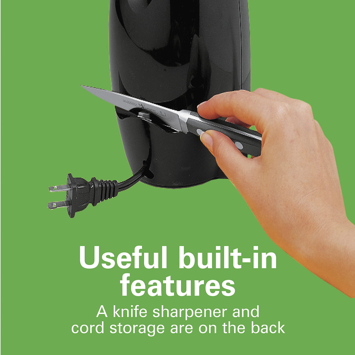 Hamilton Beach electric can opener built-in knife sharpener keeps kitchen blades ready.