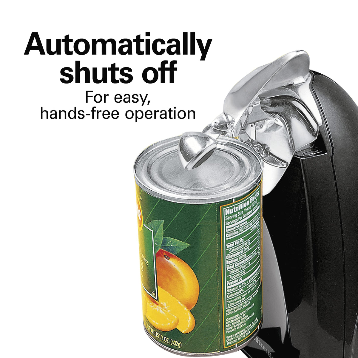 Hamilton Beach electric can opener extra-tall design accommodates tall cans for versatility.
