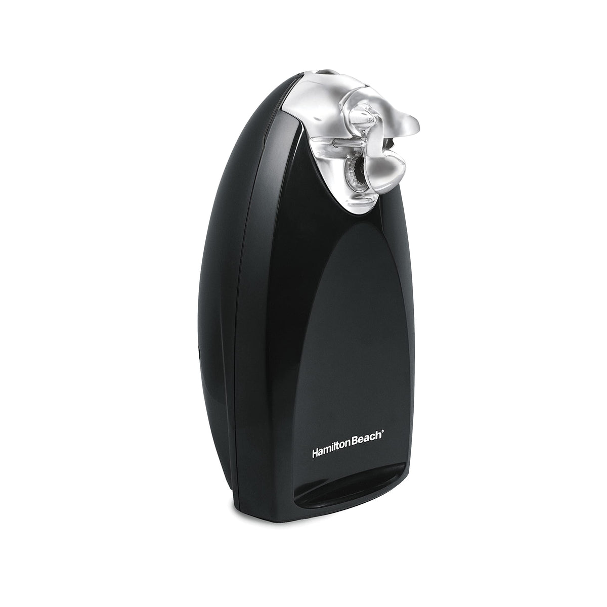 Hamilton Beach electric can opener front view highlights accessible design for quick, hands-free can opening.