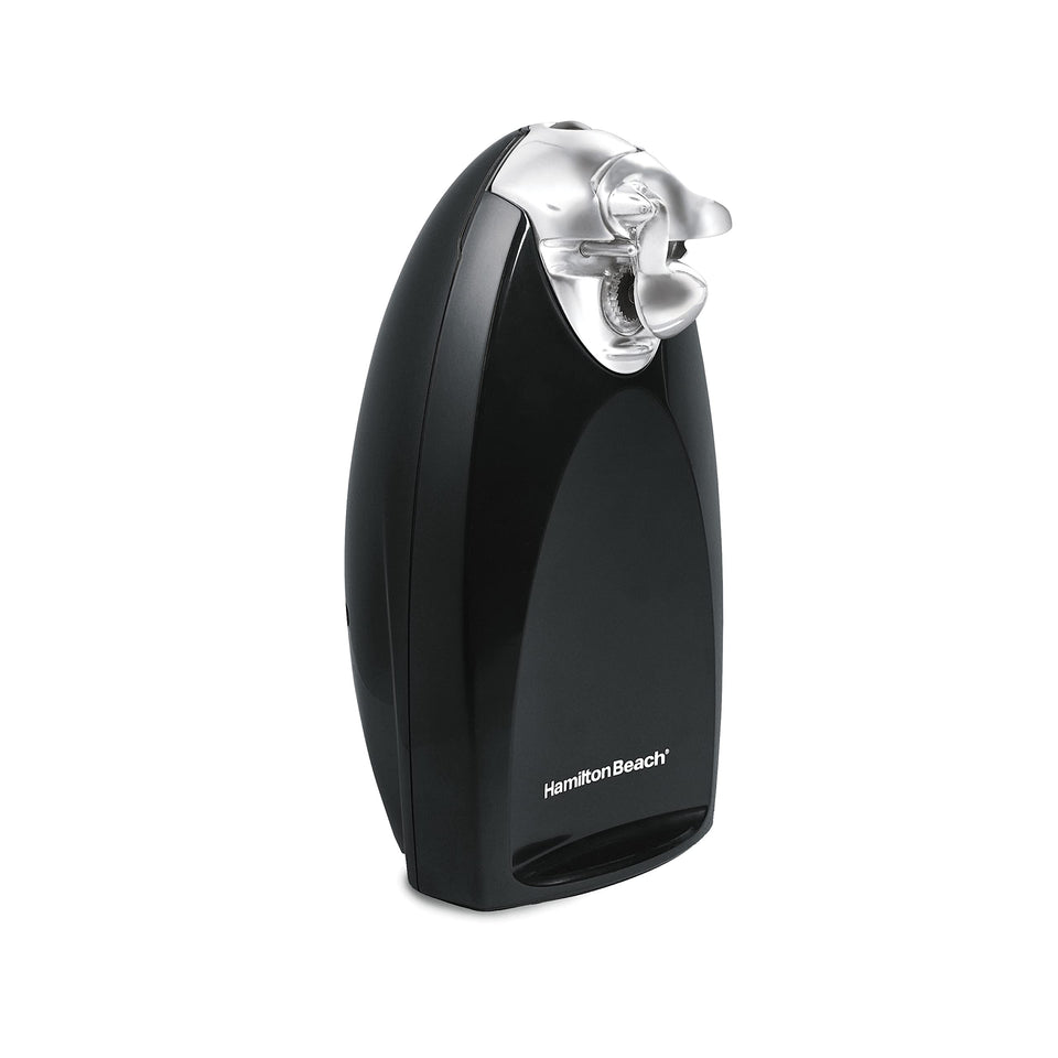 Hamilton Beach electric can opener front view highlights accessible design for quick, hands-free can opening.
