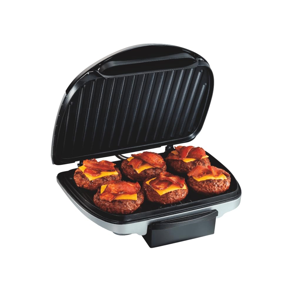 Hamilton Beach electric indoor grill with 90 sq in surface, ideal for family weeknight dinners.