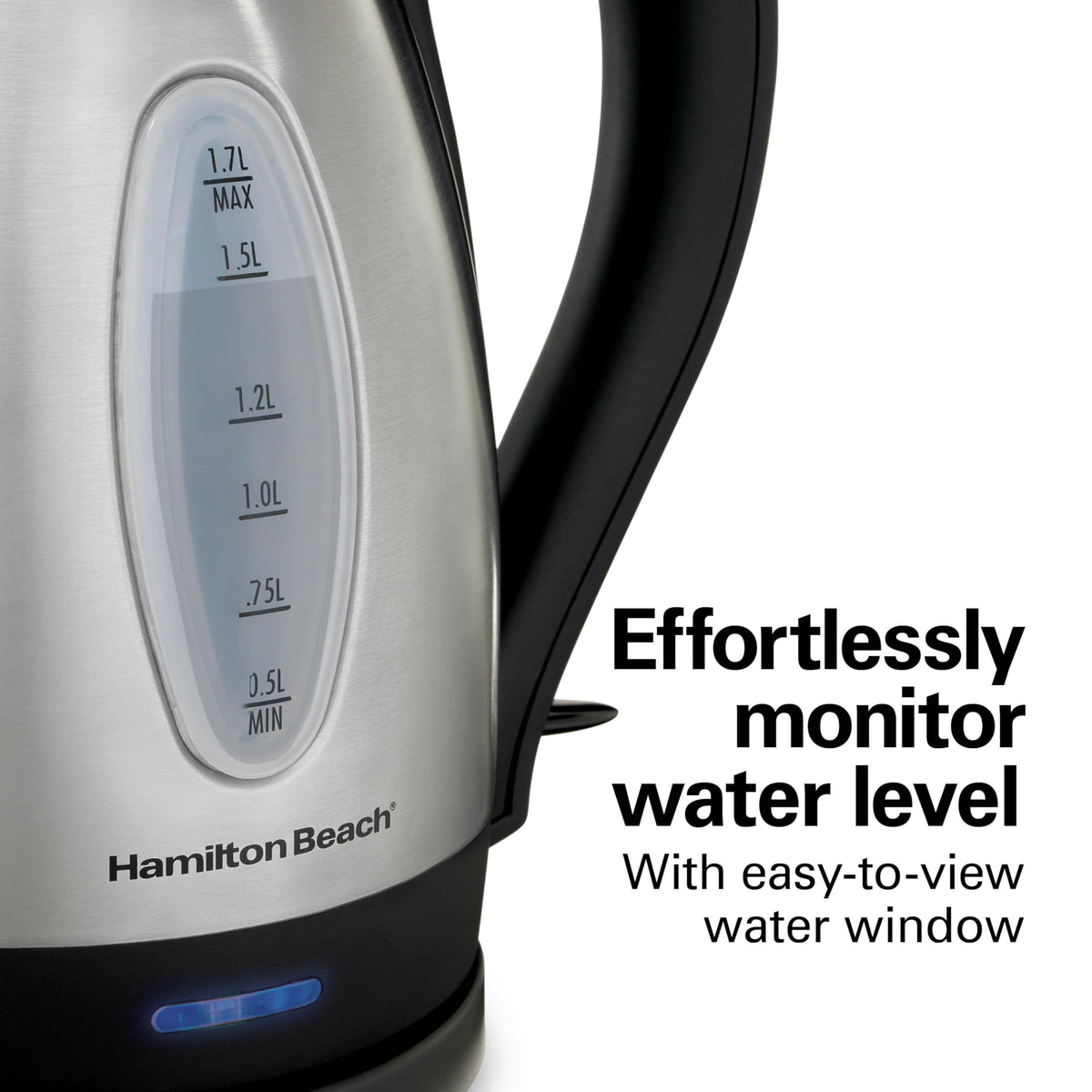Hamilton Beach blue power indicator confirms active heating at a glance