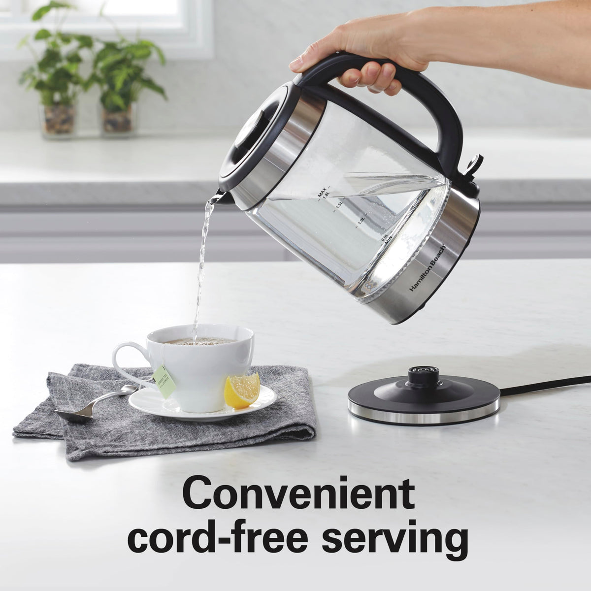 Cord wrap under the base reduces counter clutter