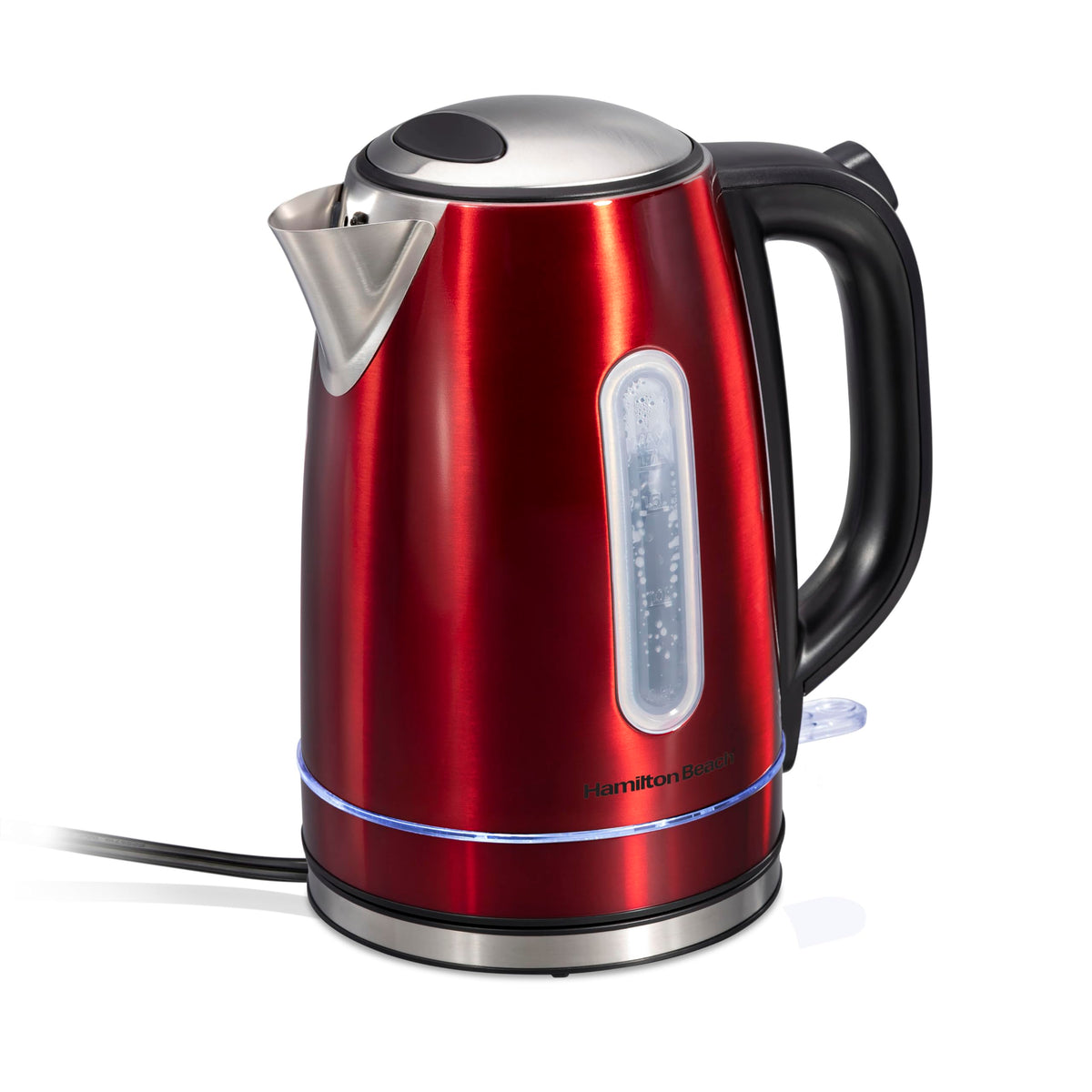 Hamilton Beach electric tea kettle with LED ring shows boiling status for quick tea prep.