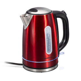 Hamilton Beach electric tea kettle with LED ring shows boiling status for quick tea prep.