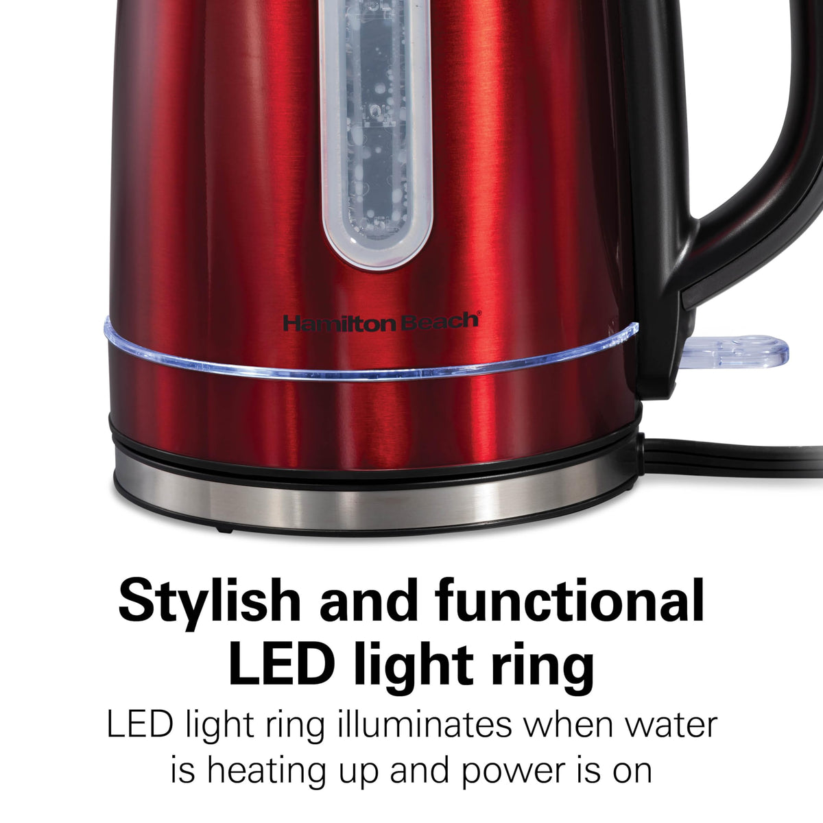 Hamilton Beach water window helps monitor the 1.7 L kettle during filling.
