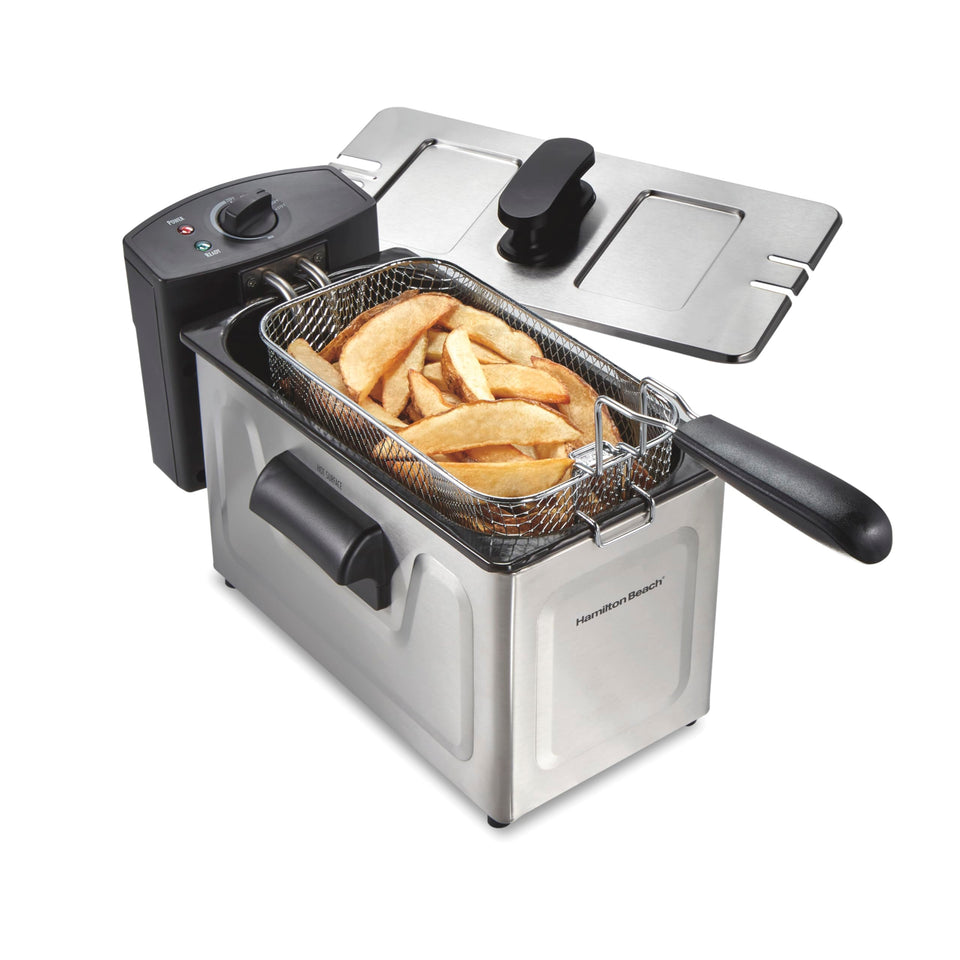 Hamilton Beach family style deep fryer with basket in use for large batch frying at home