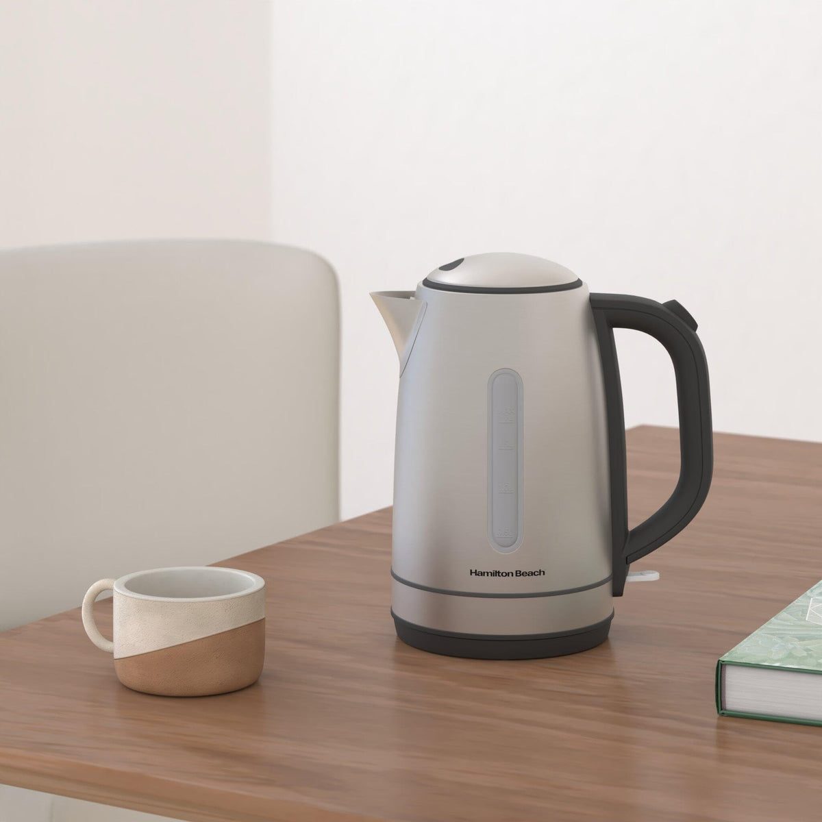 Hamilton Beach rapid-boil kettle delivers 1500W for quick hot water.