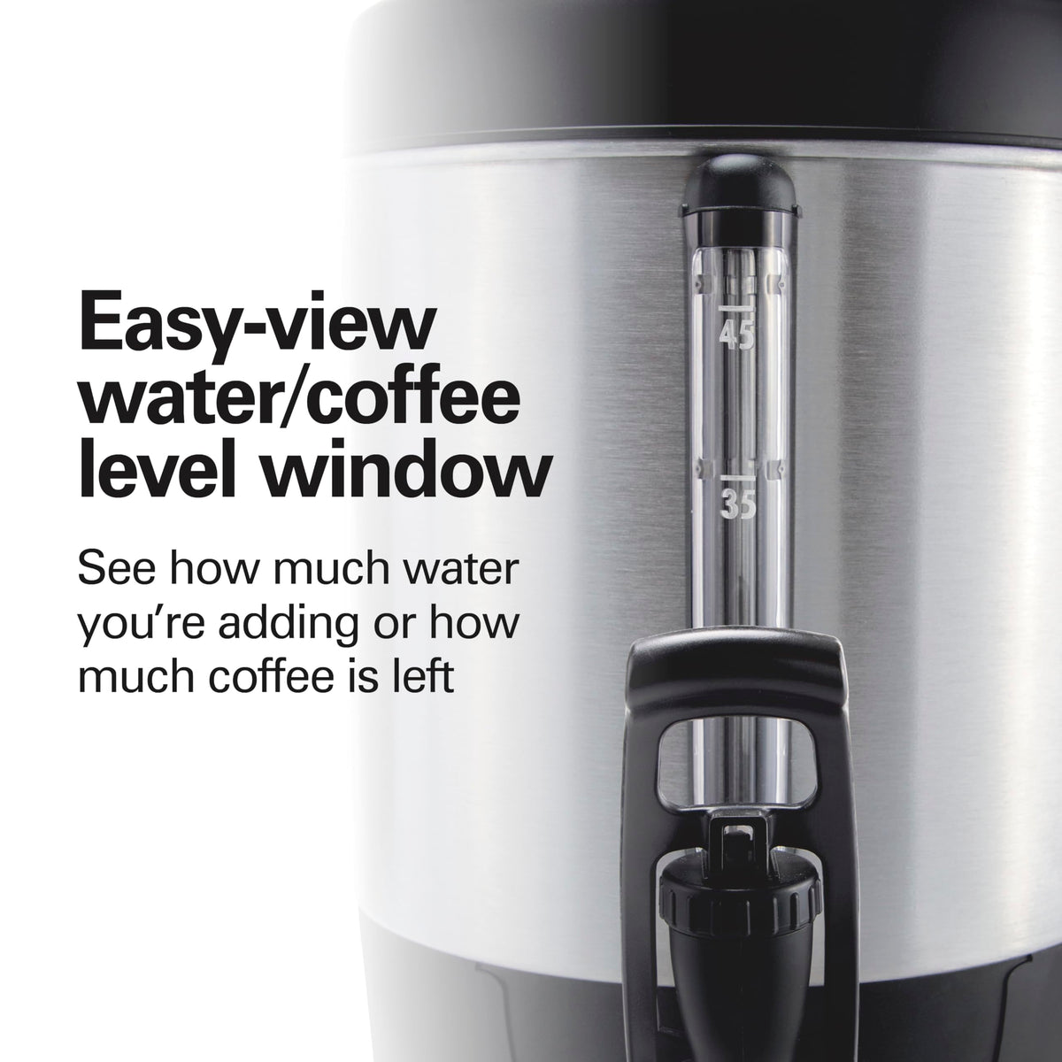 Hamilton Beach urn dual heaters keep coffee hot without scorching.