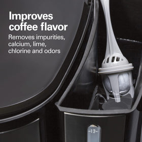 Hamilton Beach filter replacement cap demonstrates easy pull-off for quick maintenance.