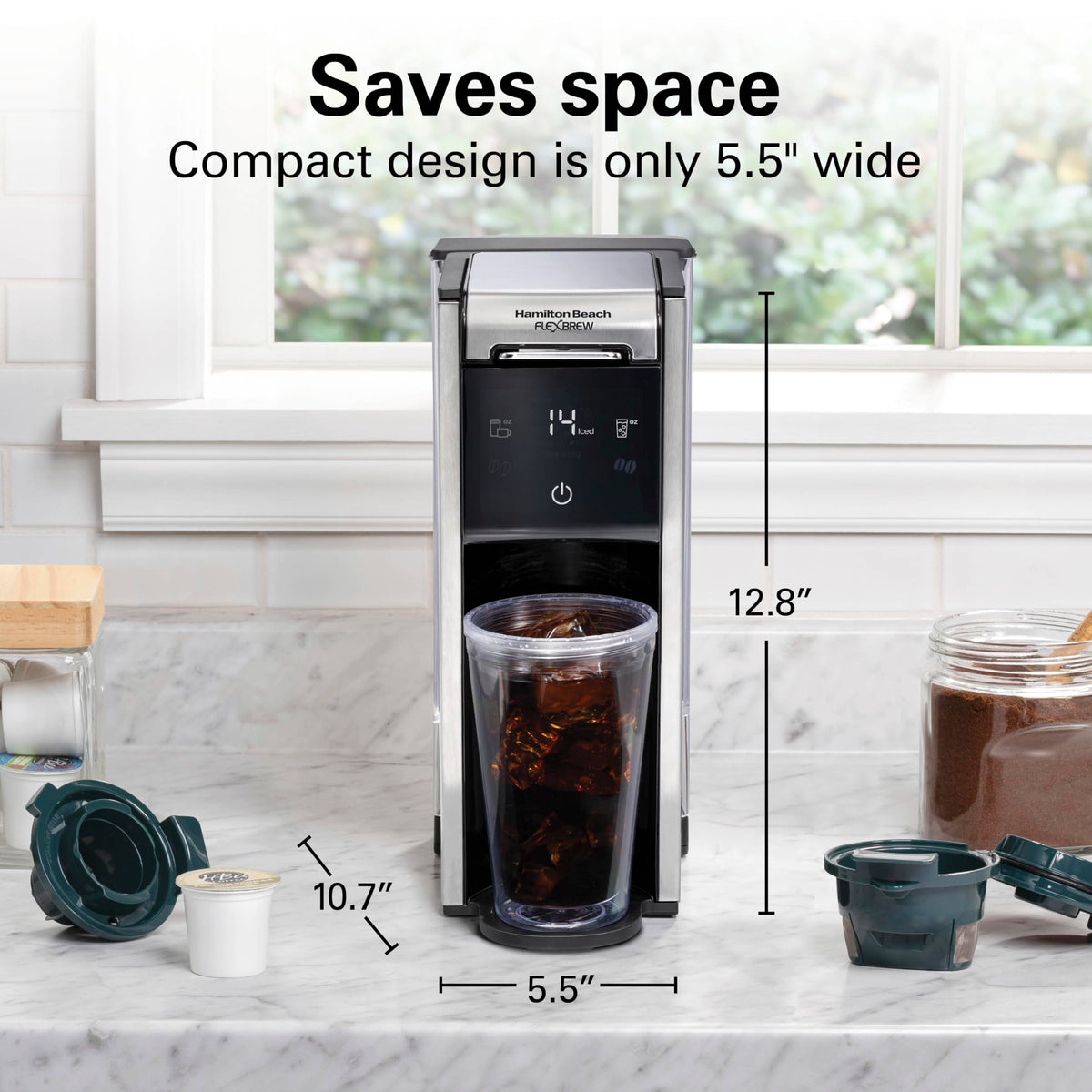 Hamilton Beach FlexBrew Advanced 4-in-1 supports K-Cup pods or grounds for flexible brewing