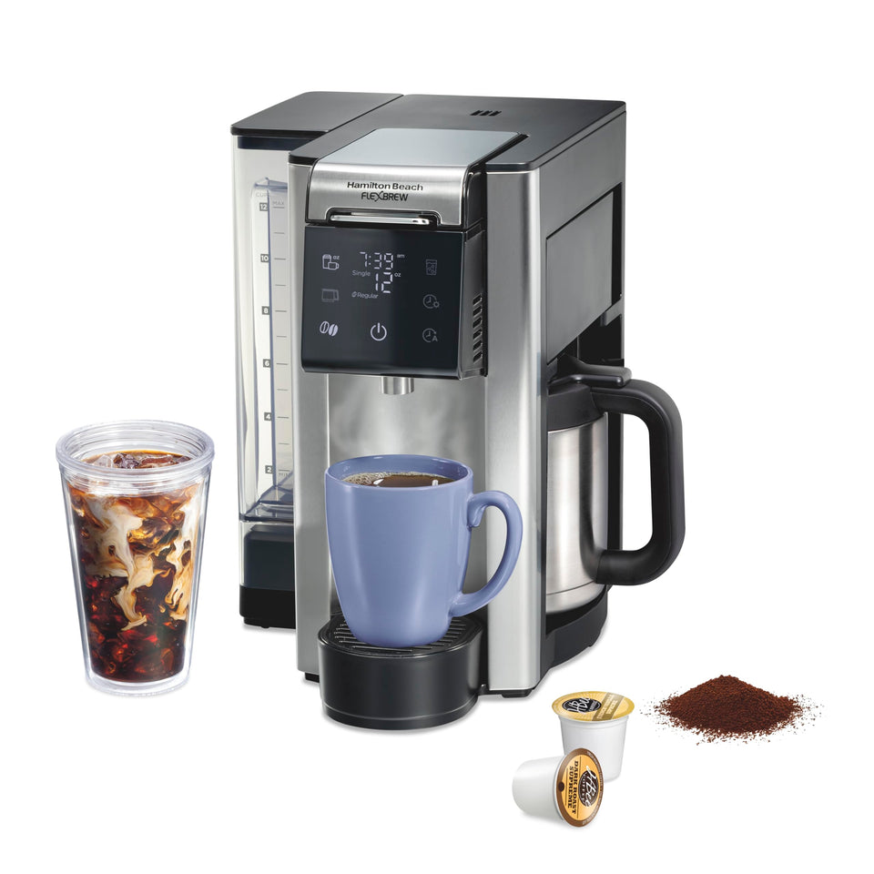 Hamilton Beach FlexBrew Advanced front view shows 5-in-1 versatility for hot, iced, and pod brewing.