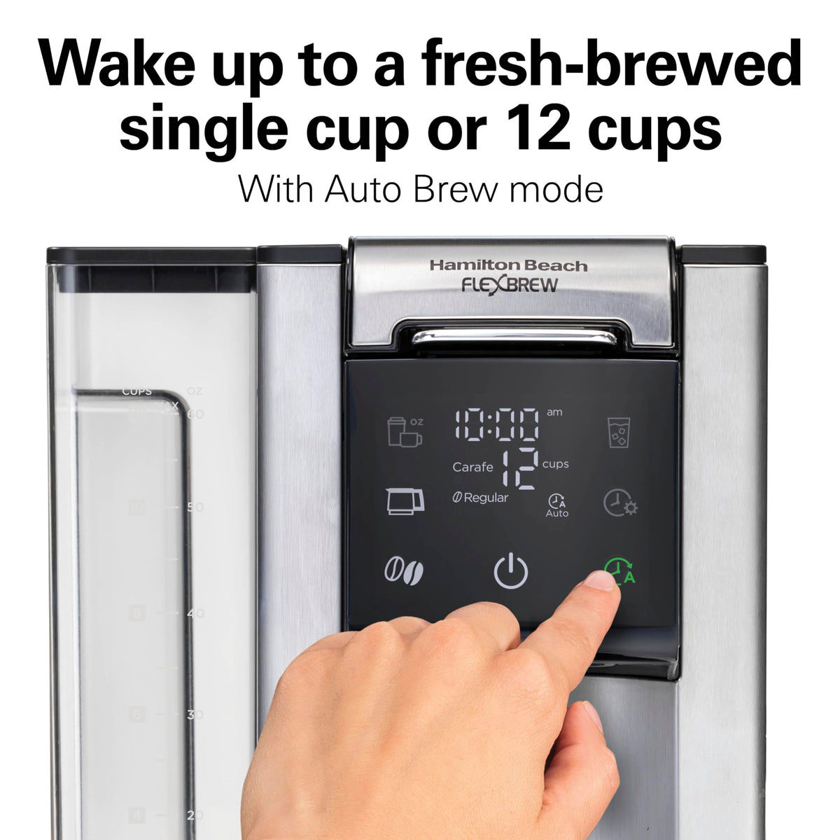 Hamilton Beach FlexBrew Advanced LED touchscreen offers easy, quick brew settings at a glance.