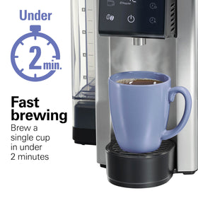 Hamilton Beach FlexBrew Advanced pod basket access for quick single-serve coffee with grounds.