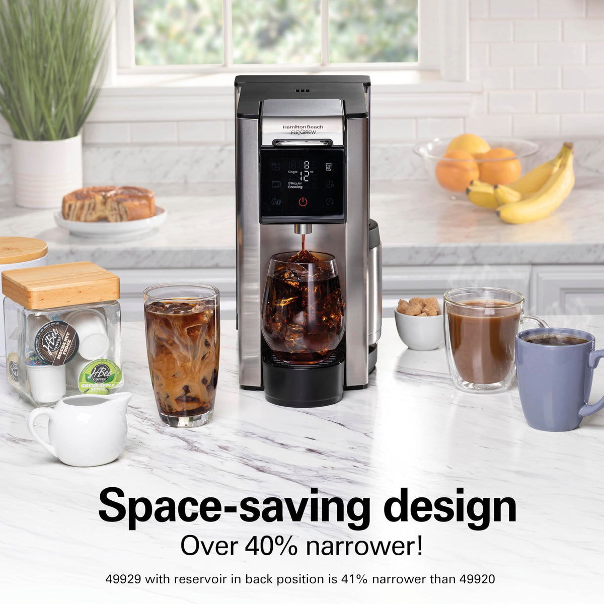 Hamilton Beach FlexBrew Advanced removable 60 oz reservoir positioned for flexible kitchen layouts.