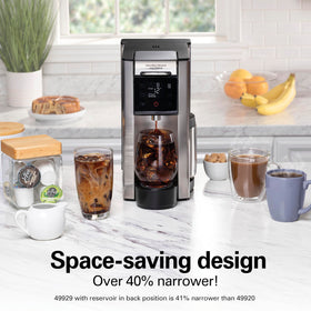 Hamilton Beach FlexBrew Advanced removable 60 oz reservoir positioned for flexible kitchen layouts.