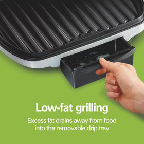 Hamilton Beach floating hinge accommodates thicker foods for even grilling.