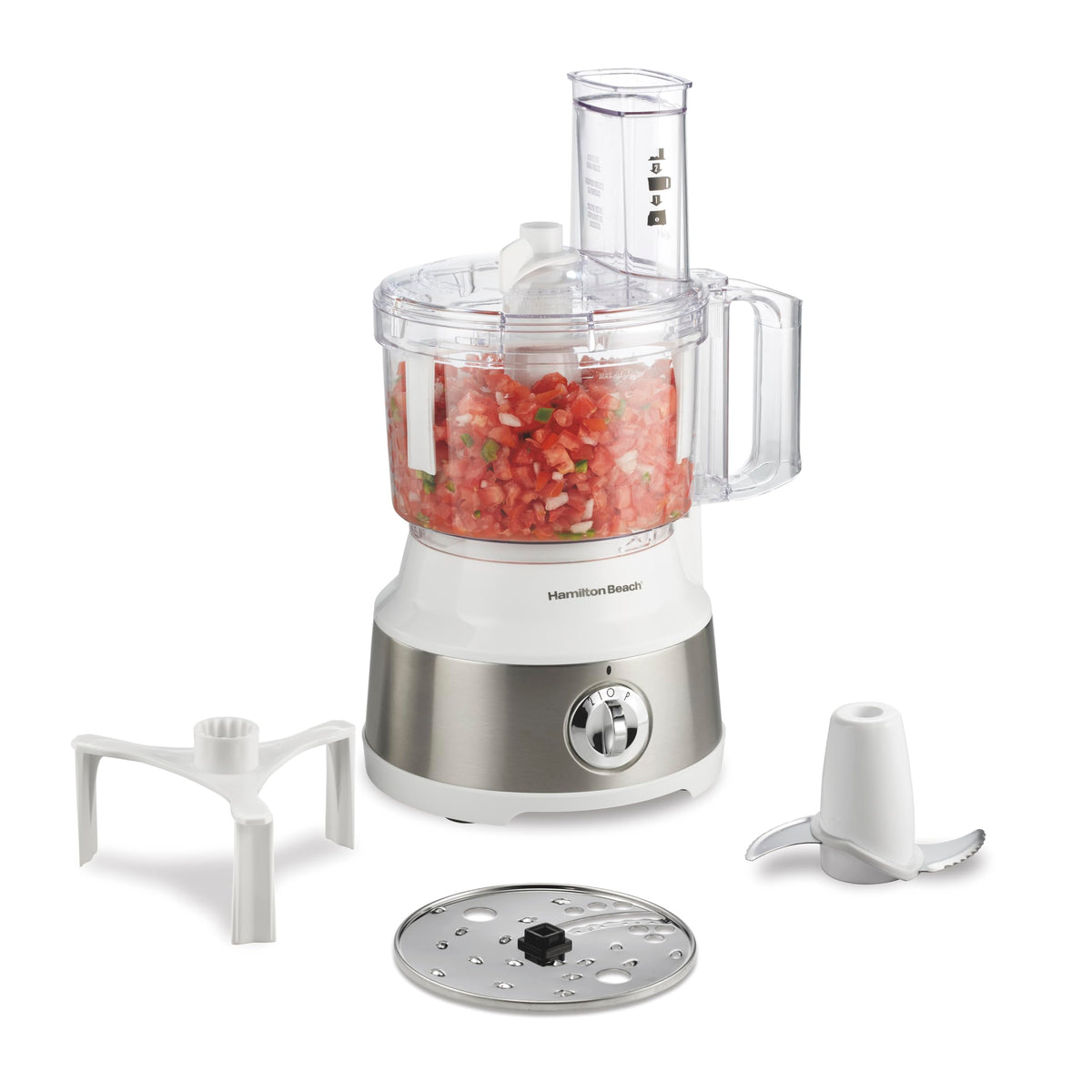 Hamilton Beach food processor bowl-scraper speeds prep by scraping the bowl while processing