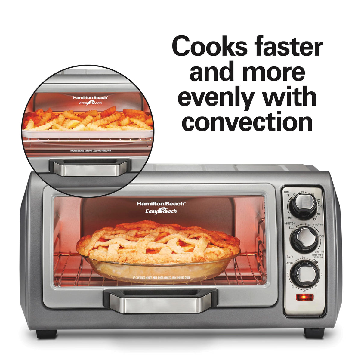 Hamilton Beach front-access crumb tray for quick cleaning after cooking.