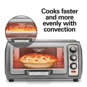 Hamilton Beach front-access crumb tray for quick cleaning after cooking.
