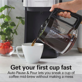 Hamilton Beach FrontFill digital controls close-up, programmable settings for wake-up coffee.